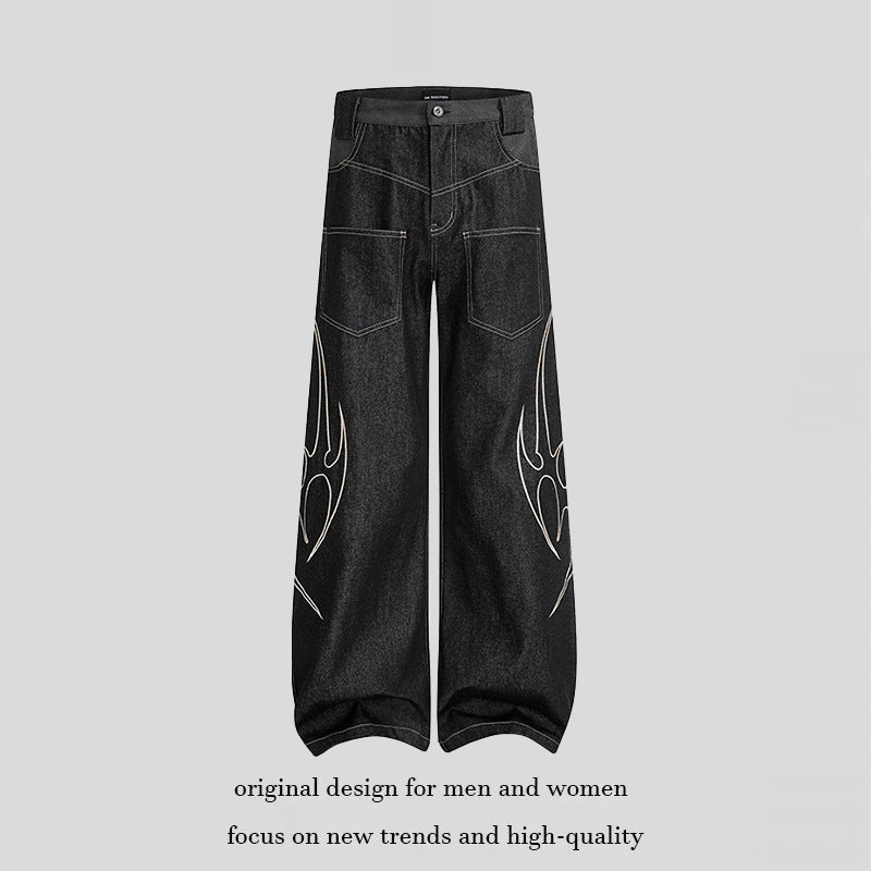 Women's Loose High-Waist Denim Cargo Pants with Flame Embroidery and Patch Pockets Amarae