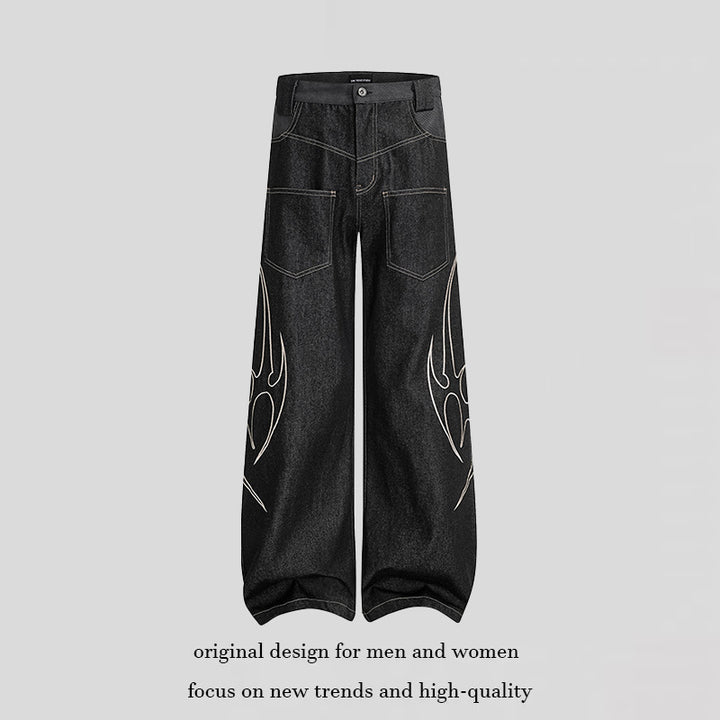 Women's Loose High-Waist Denim Cargo Pants with Flame Embroidery and Patch Pockets Amarae