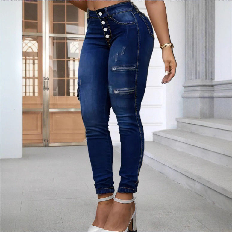 Women's High-Waisted Skinny Jeans with Cargo Zipper Pockets & Button Closure Amarae