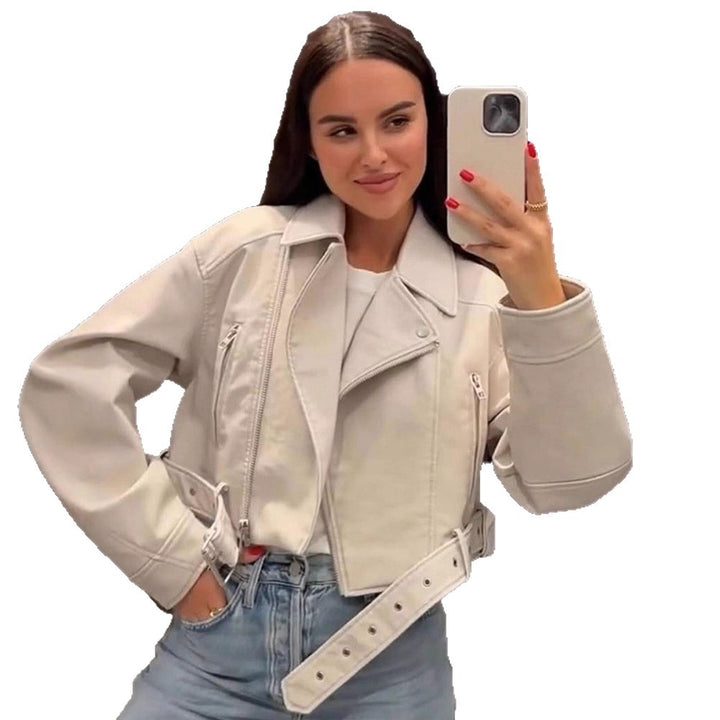 Women Short-Cut Biker Jacket Made of Faux Leather with Waist Belt Amarae
