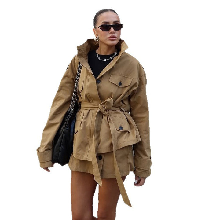 Women's Tailored Utility Jacket with Tie Belt, High Stand Collar and Flap Pockets Amarae