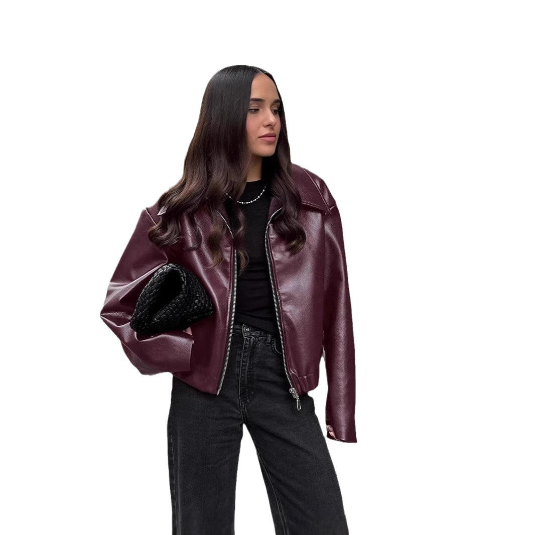 Modern cropped leather jacket for women with large collar Lune London