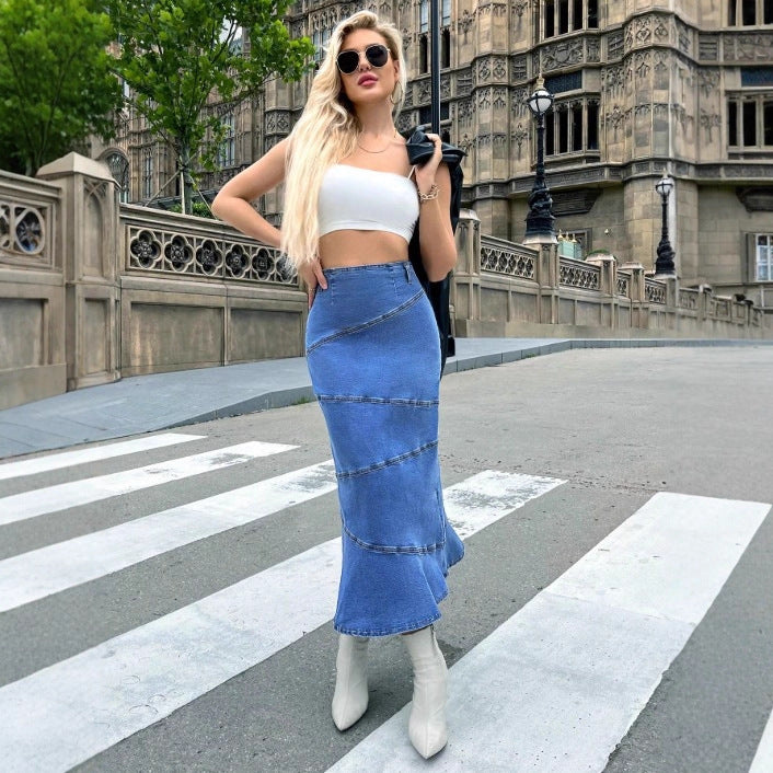 Women's waist-accentuating denim midi skirt with wave-shaped decorative seams and flared hem Amarae