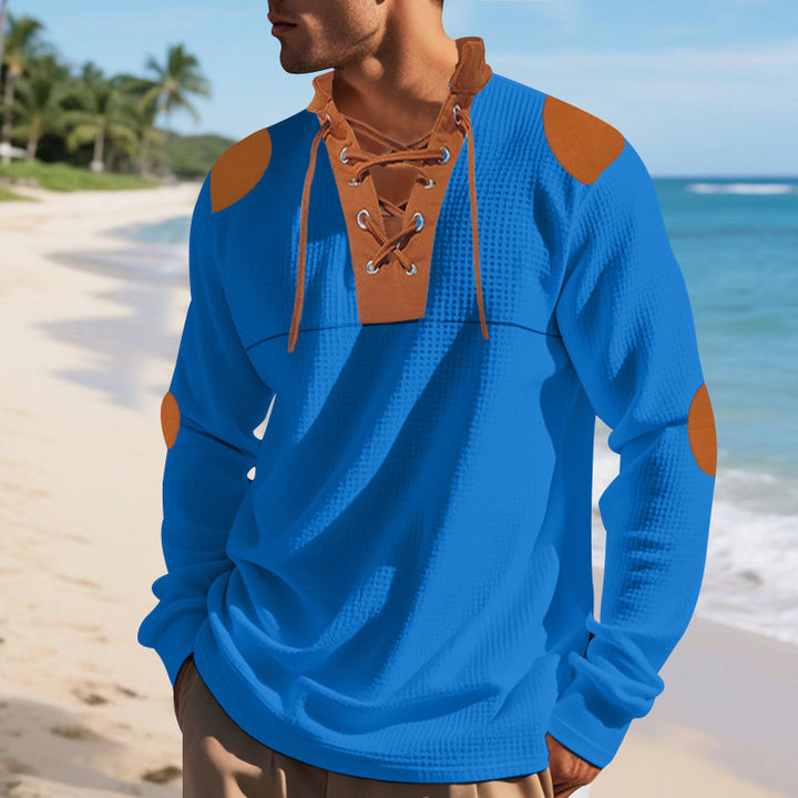 Casual long sleeve Henley shirt for men with an original lace-up design and contrasting elbow patches Lune London