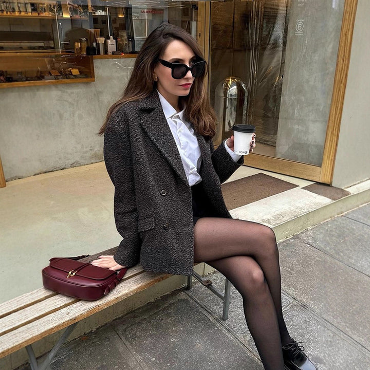 Women's Short Tailored Double-Breasted Blazer made of Boucle Tweed Amarae