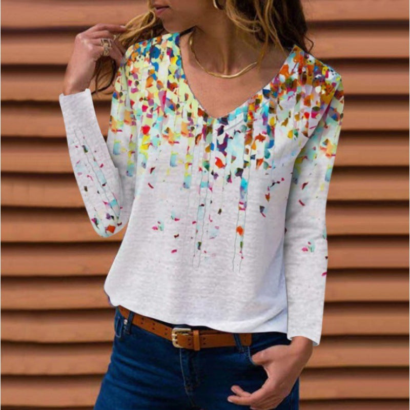 Women Long Sleeve V-Neck Tunic with Floral Watercolor Print and Light Jersey Quality Amarae
