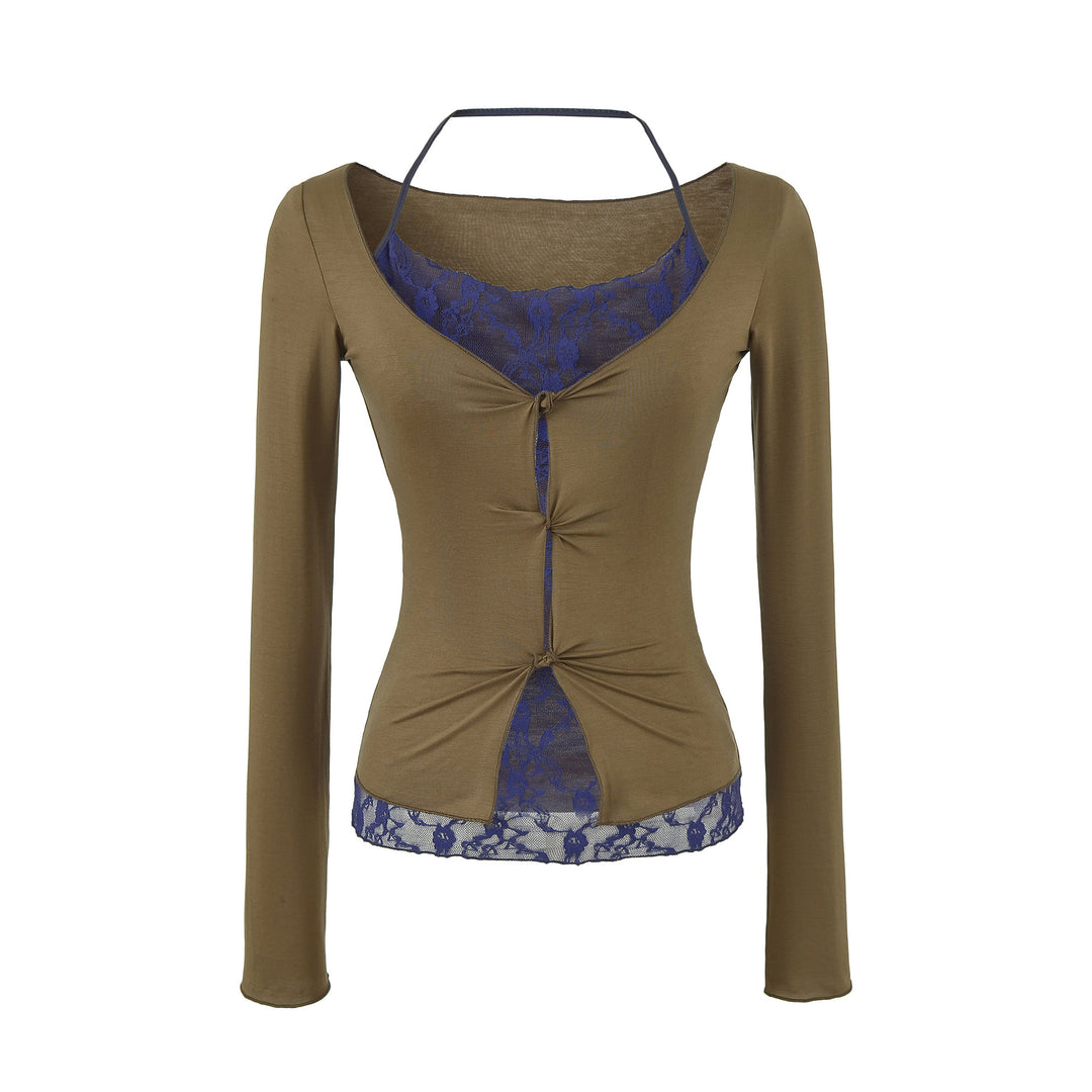 Women's Figure-Hugging Long Sleeve Top with Lace Insert and Knot Closure Amarae