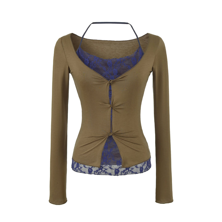 Women's Figure-Hugging Long Sleeve Top with Lace Insert and Knot Closure Amarae