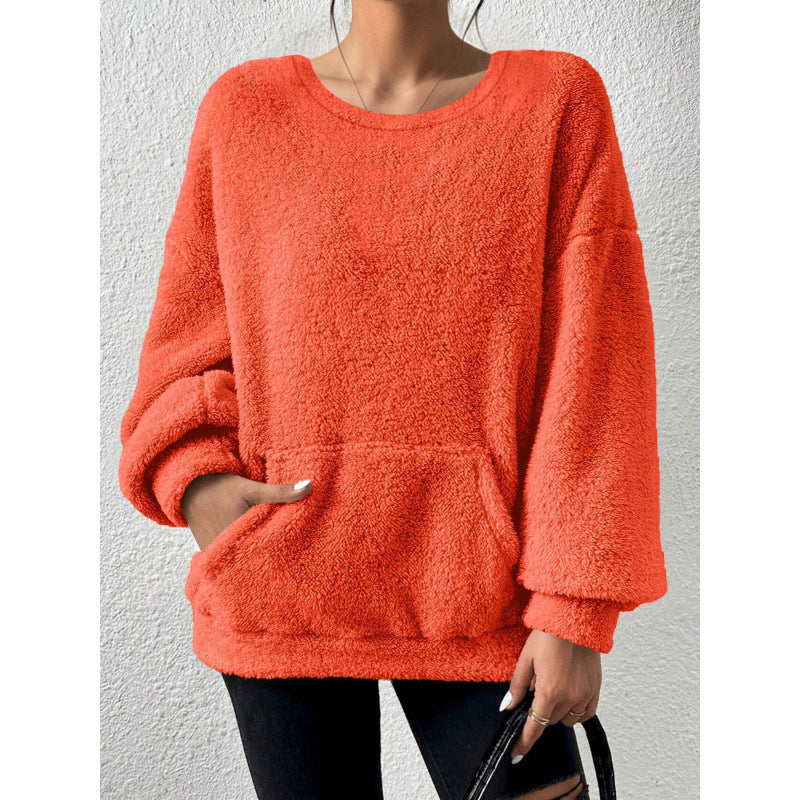 Ladies Cozy Oversized Sherpa Sweater with Kangaroo Pocket and Balloon Sleeves Amarae