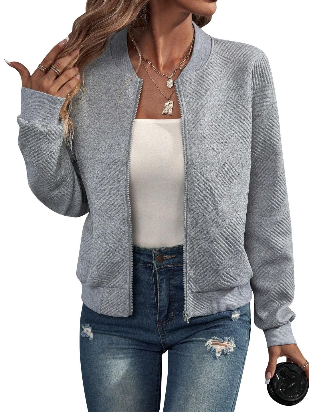 Ladies sporty quilted jacket with high collar and zipper Lune London