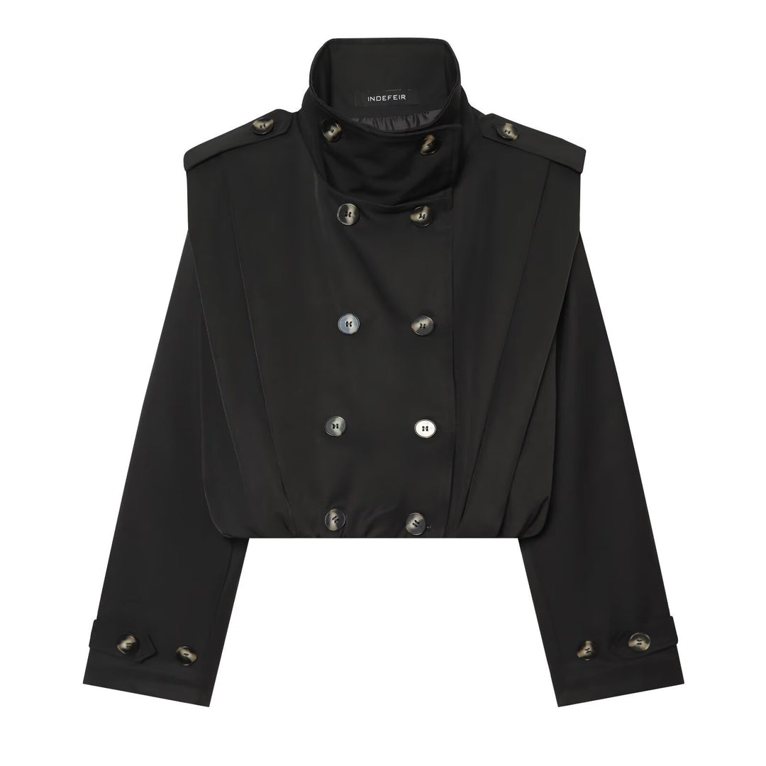 Women's Cropped Trench Coat in Cape Look with Double-Breasted Button Placket and High Stand Collar Amarae