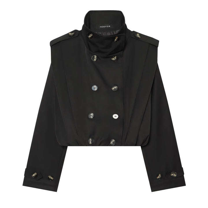 Women's Cropped Trench Coat in Cape Look with Double-Breasted Button Placket and High Stand Collar Amarae