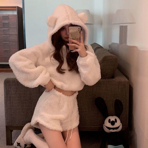 Women's cozy hoodie set with ears and elastic waistband