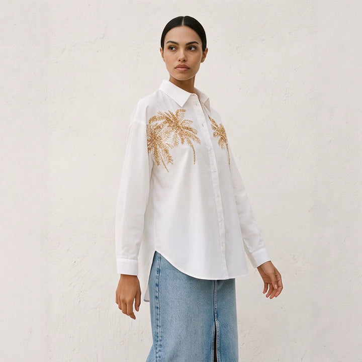 Women's shirt blouse with sequin palm appliqué, oversized cut & classic collar Amarae