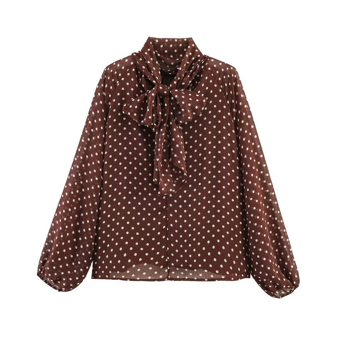 Women's Polka Dot Blouse with High Stand Collar, Ruffled Neckline and Balloon Sleeves Amarae