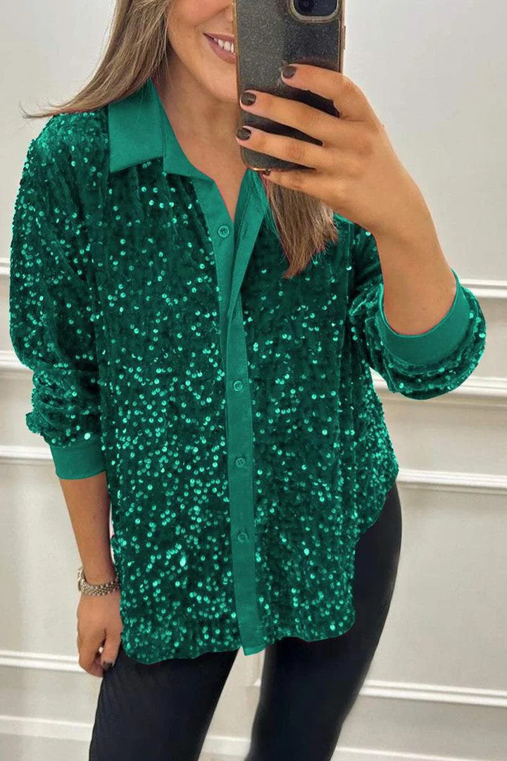 Women Glittering Blouse Made Of Sequins with Classic Collar Lune London