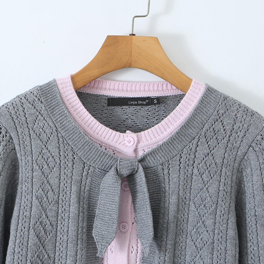 Women Fine Knit Two-Piece Cardigan with Bow Collar and Decorative Waistcoat Amarae