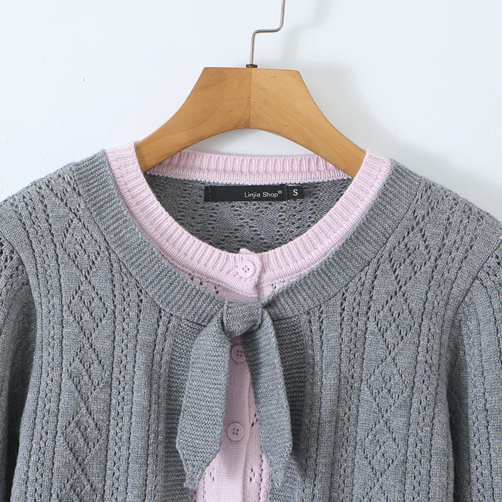 Women Fine Knit Two-Piece Cardigan with Bow Collar and Decorative Waistcoat Amarae