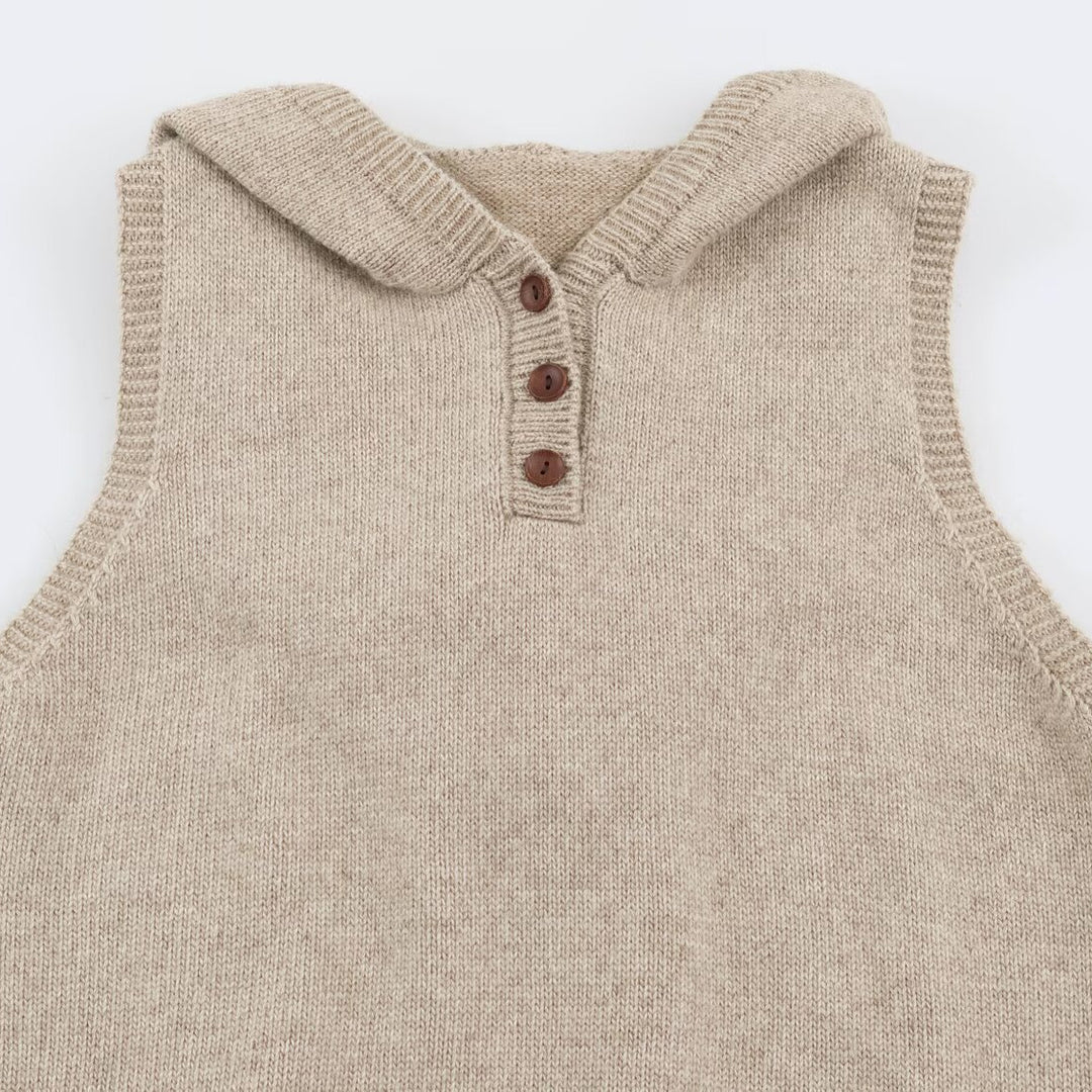 Women's fine knit vest with hood, button placket, and ribbed waistband Amarae
