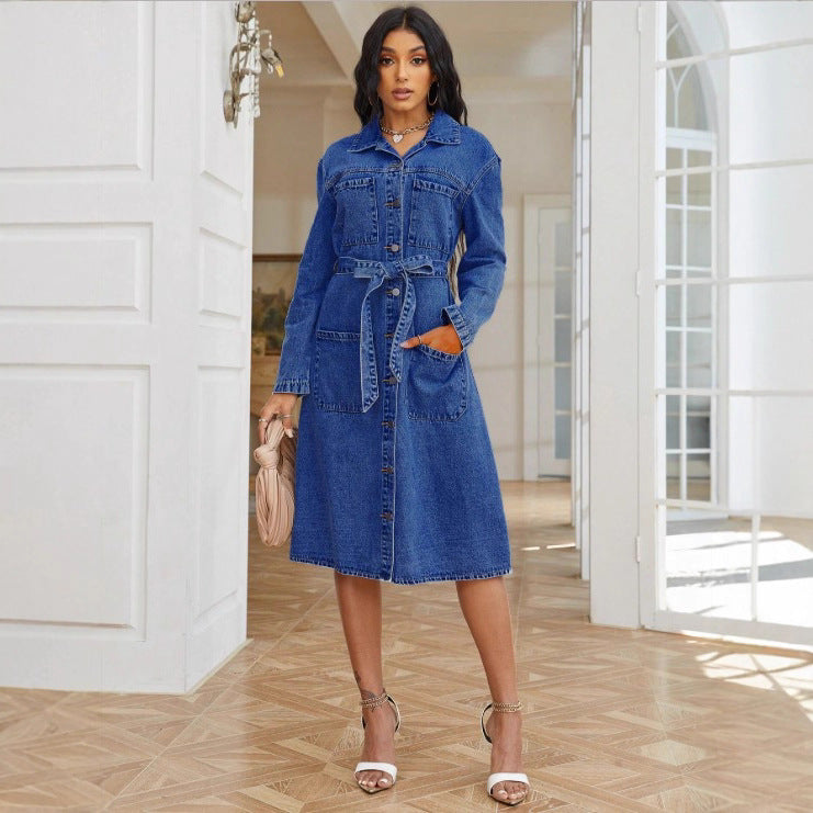 Ladies' midi dress made of denim with a waist belt and continuous button placket Amarae
