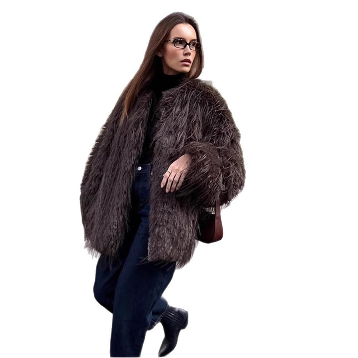 Women's Oversized Faux Fur Coat with Long Pile Shag Look and Boxy Silhouette Amarae