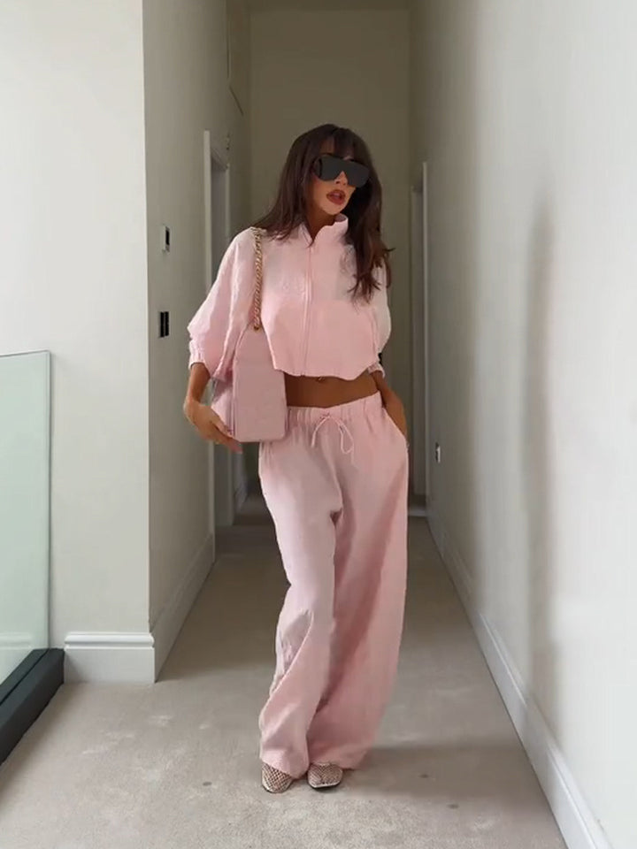 Women’s Casual Satin Tracksuit with Short Zipper Top & Wide Drawstring Pants Amarae