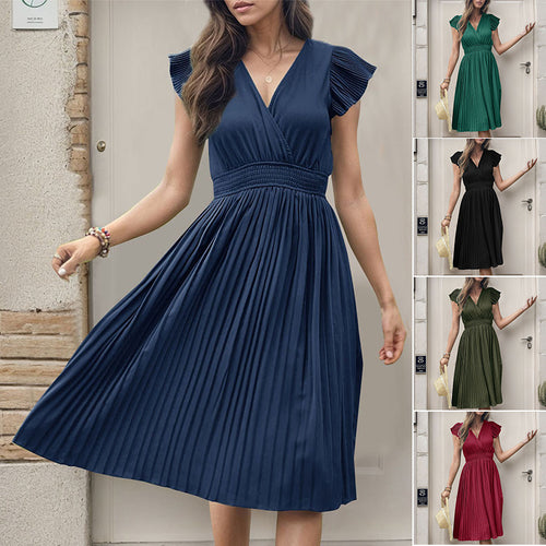 Robe midi plissée pour femmes avec col en V et manches volumineuses Chic & Stil