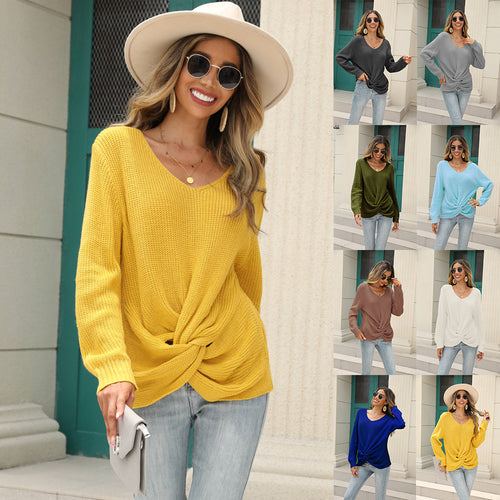 Casual knitted sweater for women with a modern knot design and V-neck Amarae