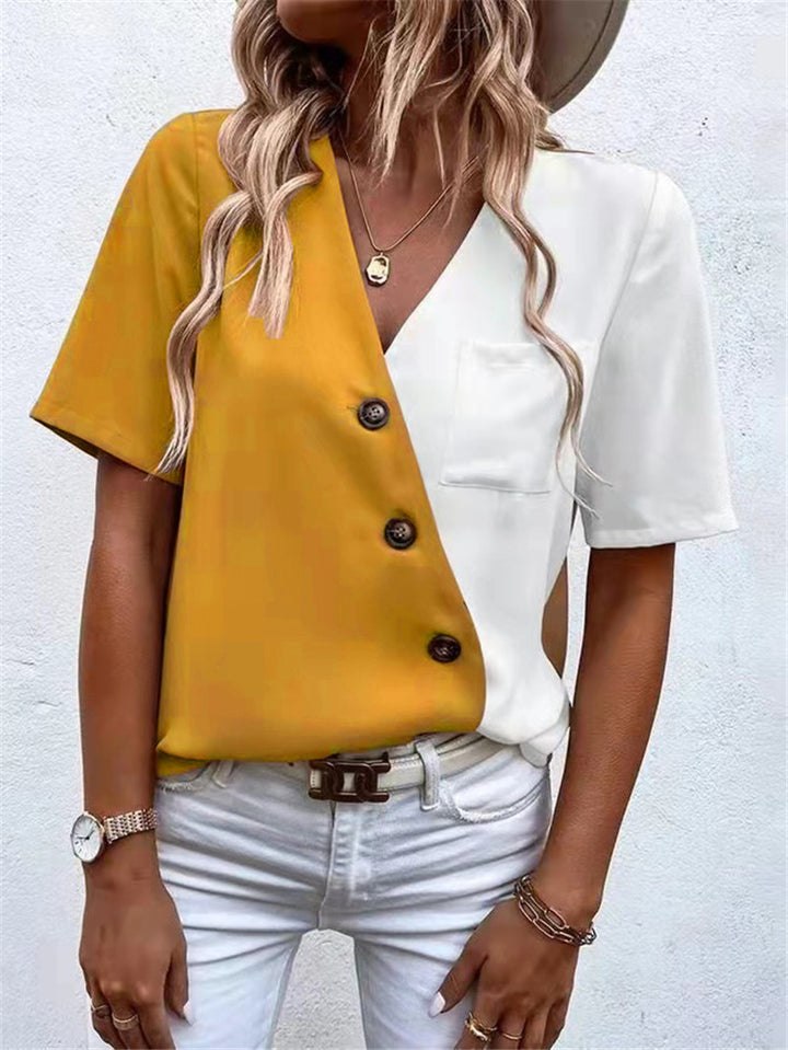 Short-sleeve women's blouse with asymmetrical cut and button details Lune London