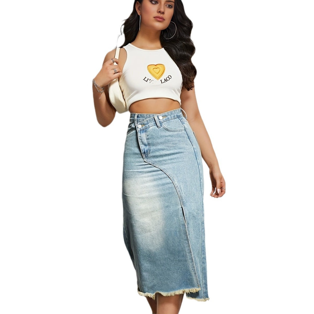Chic & Stil Long Denim Skirt for Women with Asymmetrical Slit and Frayed Hem