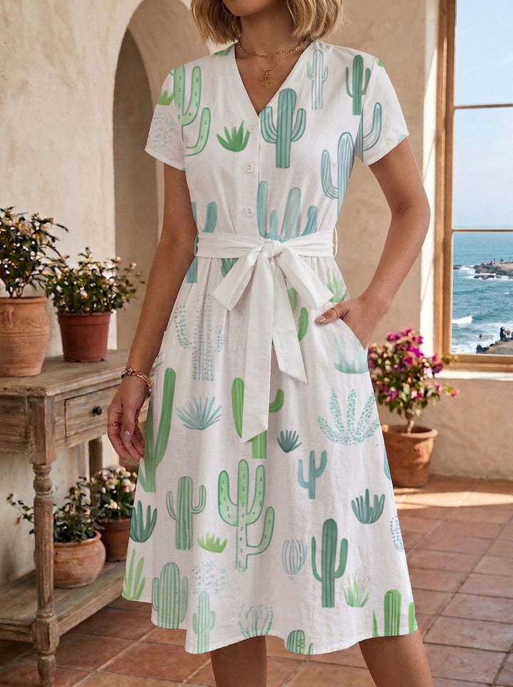 Women's Blooming Midi Dress with Adjustable Belt and Artistic Print Lune London