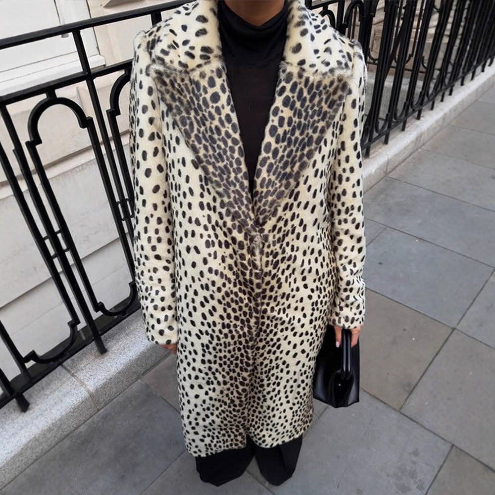 Women Mid-length Faux Fur Coat with Distinctive Spot Pattern and Lapel Collar Amarae
