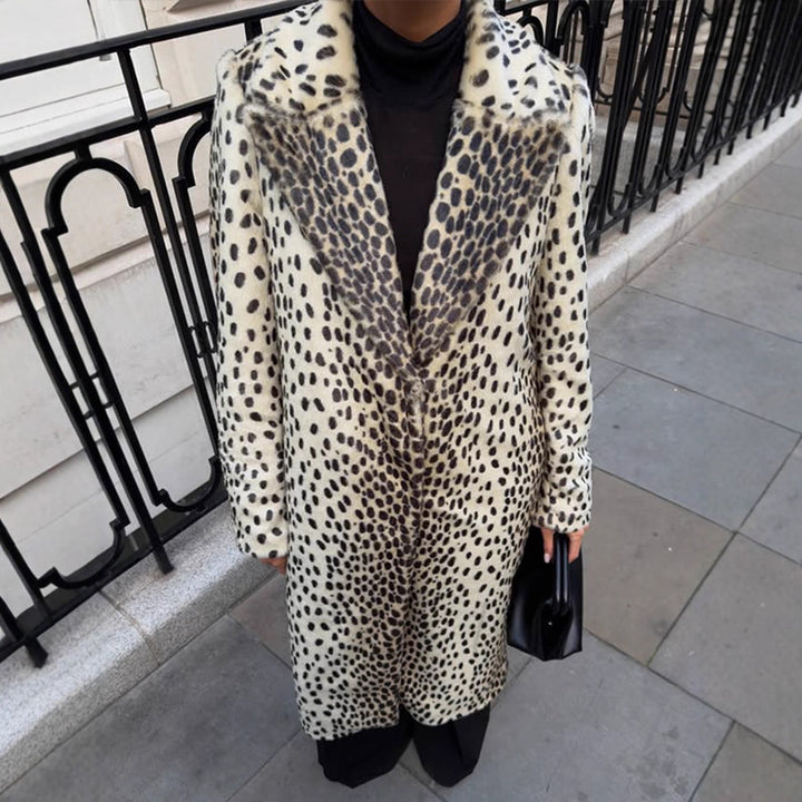 Women Mid-length Faux Fur Coat with Distinctive Spot Pattern and Lapel Collar Amarae