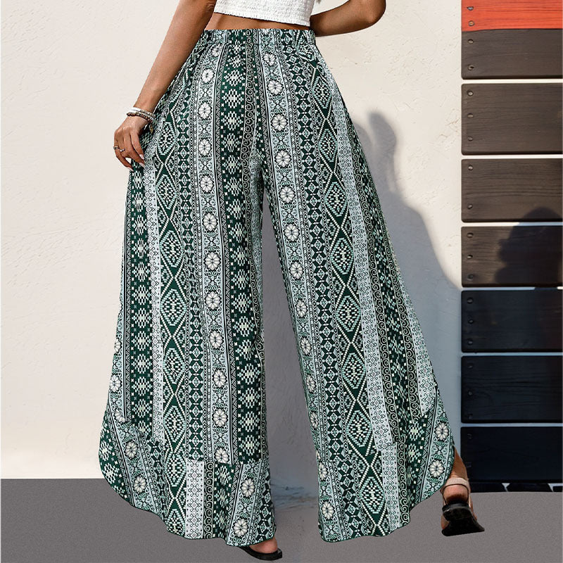 Bohemian Women's Palazzo Pants Printed with Side Slits and Ruffled Hem Lune London