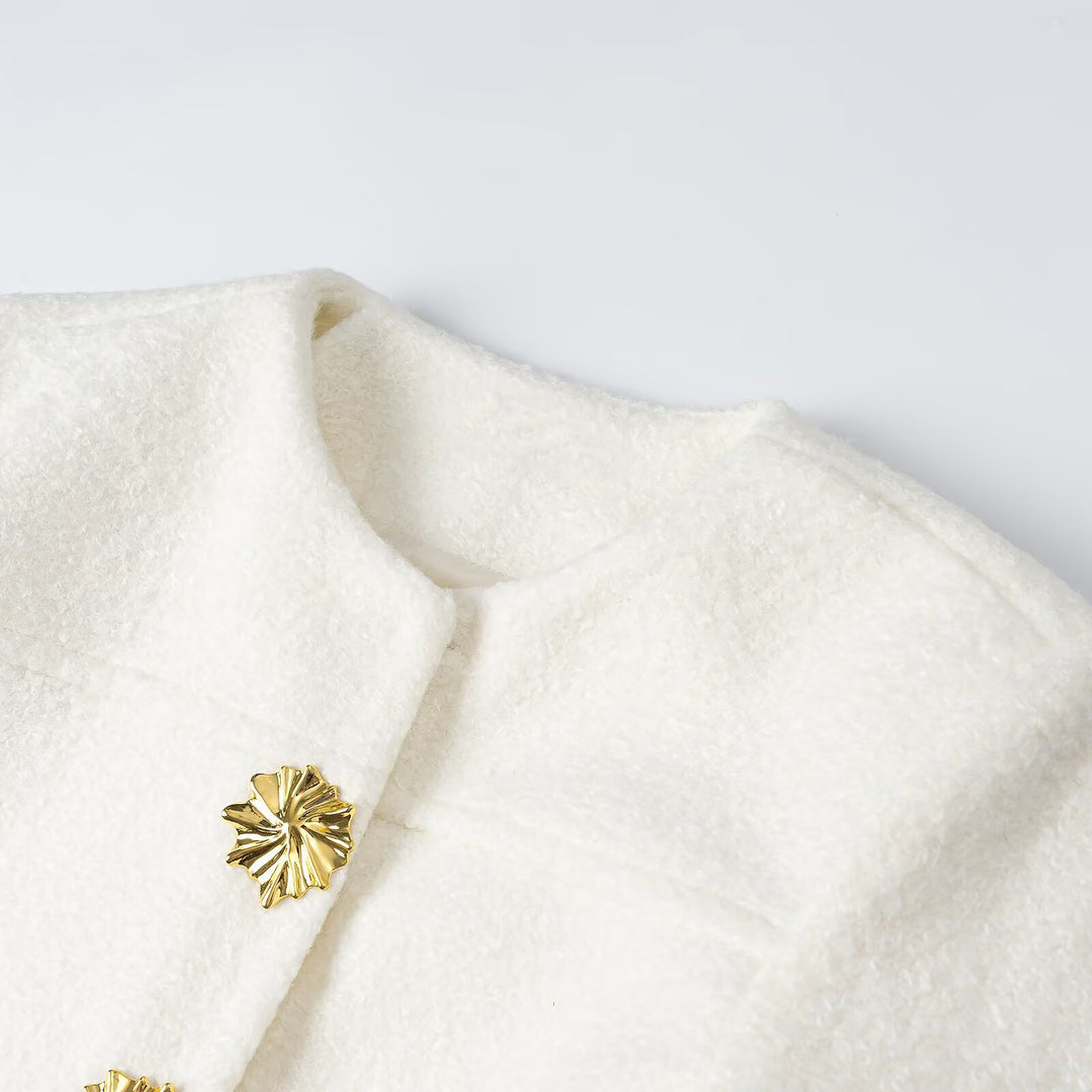 Women's Tailored Boucle Short Jacket with Round Neckline and Gold Decorative Buttons Amarae