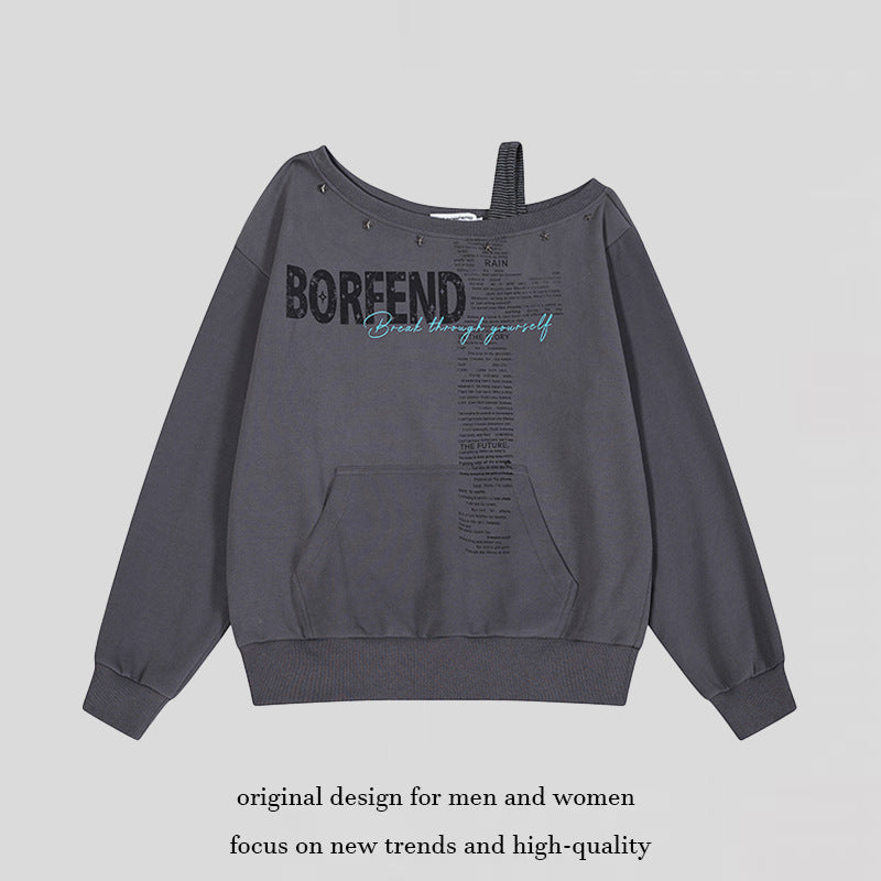 Women's Oversize Sweatshirt with Asymmetric One-Shoulder Strap, Kangaroo Pocket and Studs Amarae