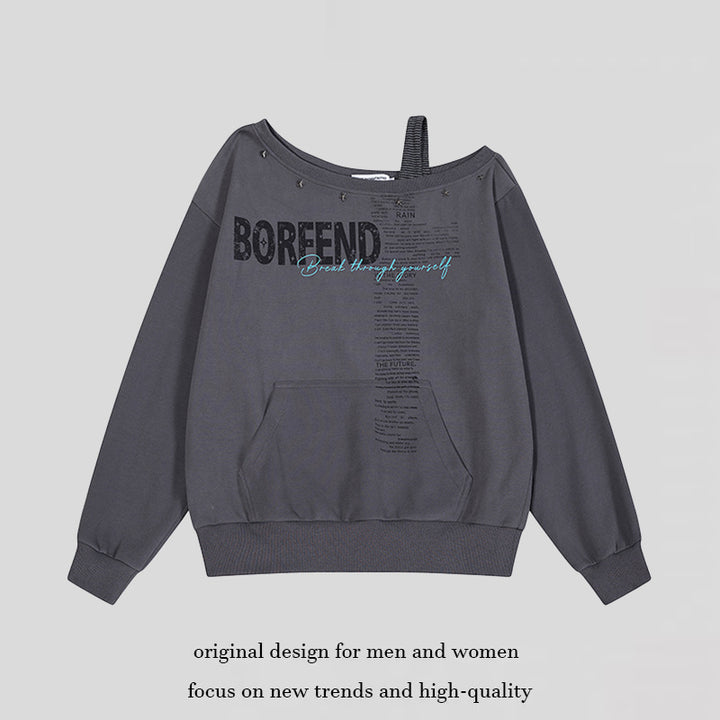 Women's Oversize Sweatshirt with Asymmetric One-Shoulder Strap, Kangaroo Pocket and Studs Amarae