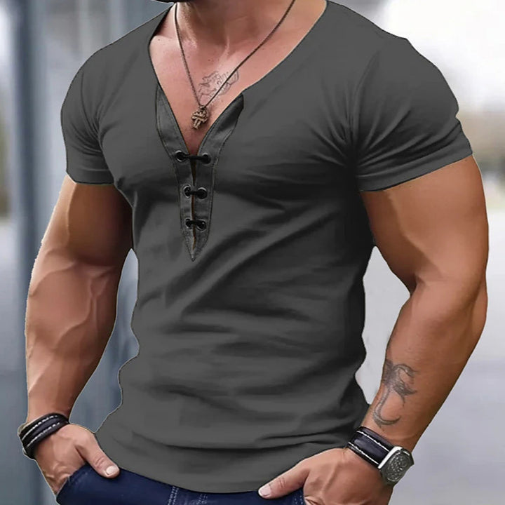 T-shirt tendance pour hommes à col en V avec boutonnière Lune London