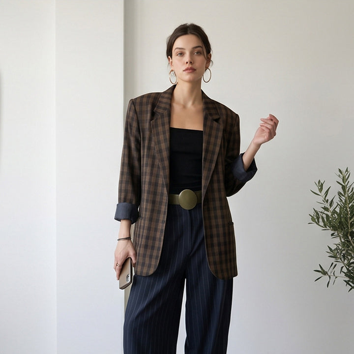 Women’s oversized check blazer with boxy silhouette and dropped shoulders Amarae