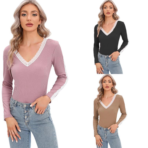 Woman Long Sleeve Top with V-neck and Lace Accents Amarae