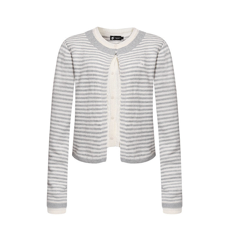 Women's Short Layered Cardigan with Round Neck and Fine Stripes Amarae