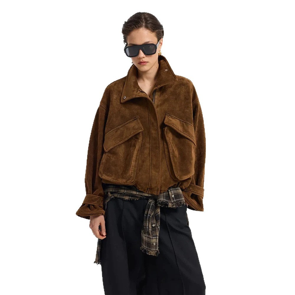 Ladies Oversize Suede Blouson with Large Flap Pockets and Stand-up Collar Amarae