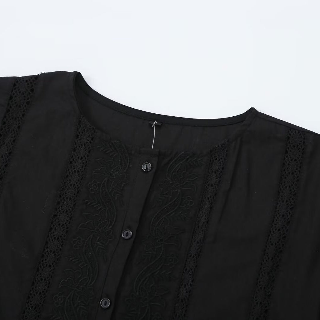 Women's Lace Trim Blouse Tunic with Button Placket and Balloon Sleeves Amarae