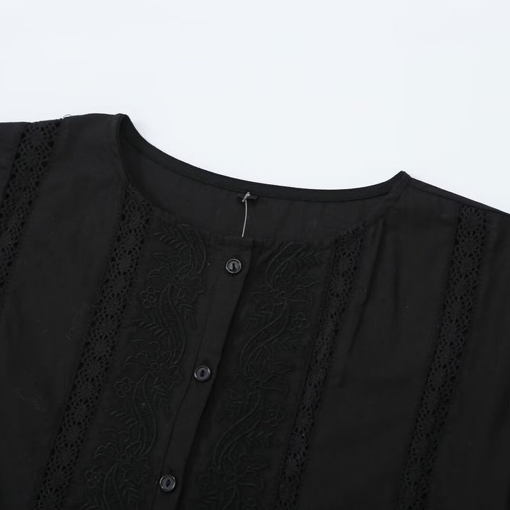 Women's Lace Trim Blouse Tunic with Button Placket and Balloon Sleeves Amarae