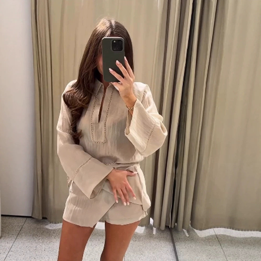 Ladies Lightweight Crinkle Two-Piece with Oversized Shirt and Wrap Mini Skirt Amarae