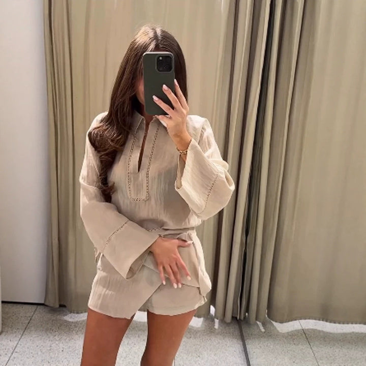 Ladies Lightweight Crinkle Two-Piece with Oversized Shirt and Wrap Mini Skirt Amarae