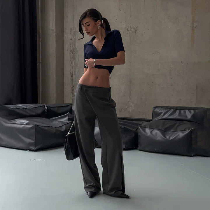 Elegant high-regular trousers for women with asymmetric cut Lune London