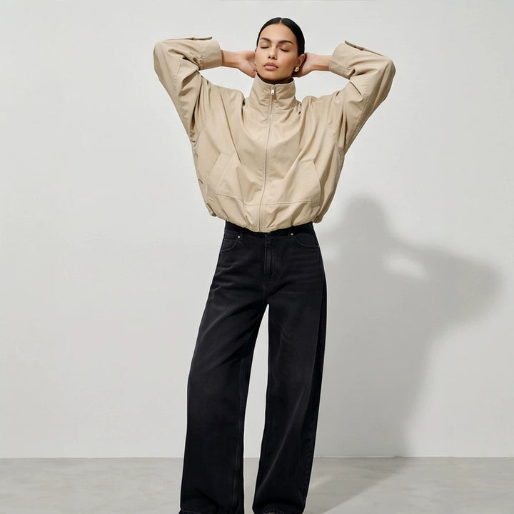 Women's Boxy-Cropped Windbreaker Jacket with High Standing Collar and Straight Hem Amarae