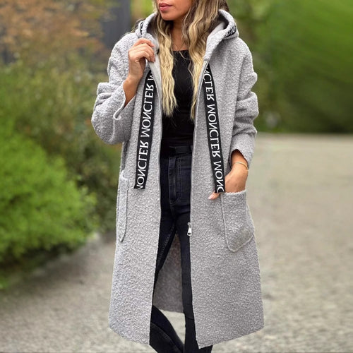 Long fleece coat for women with hood and convenient pockets Amarae