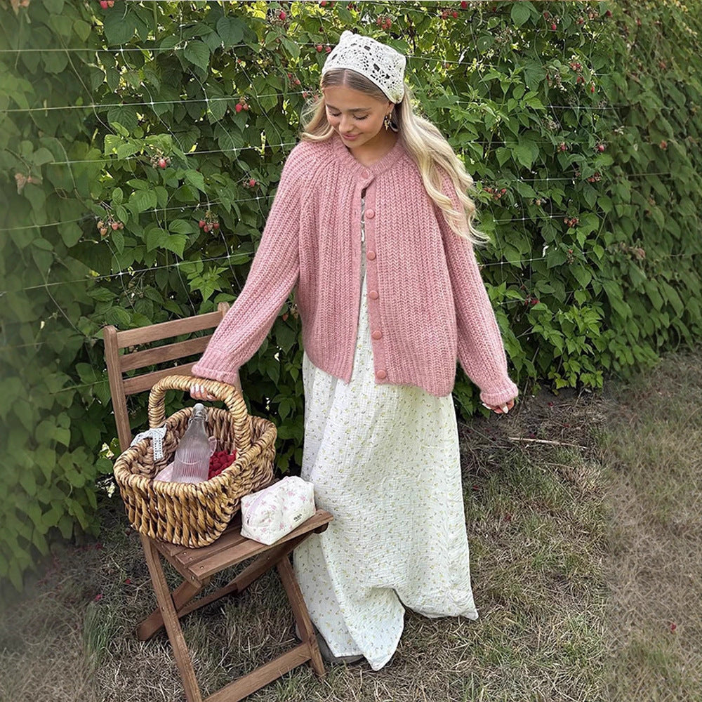 Ladies Chunky Knit Mohair Look Short Jacket with Raglan Sleeves & Decorative Button Placket Amarae